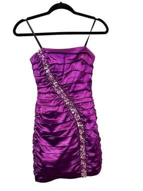 City Studio Purple Ruched Satin Mini Dress with Rhinestones